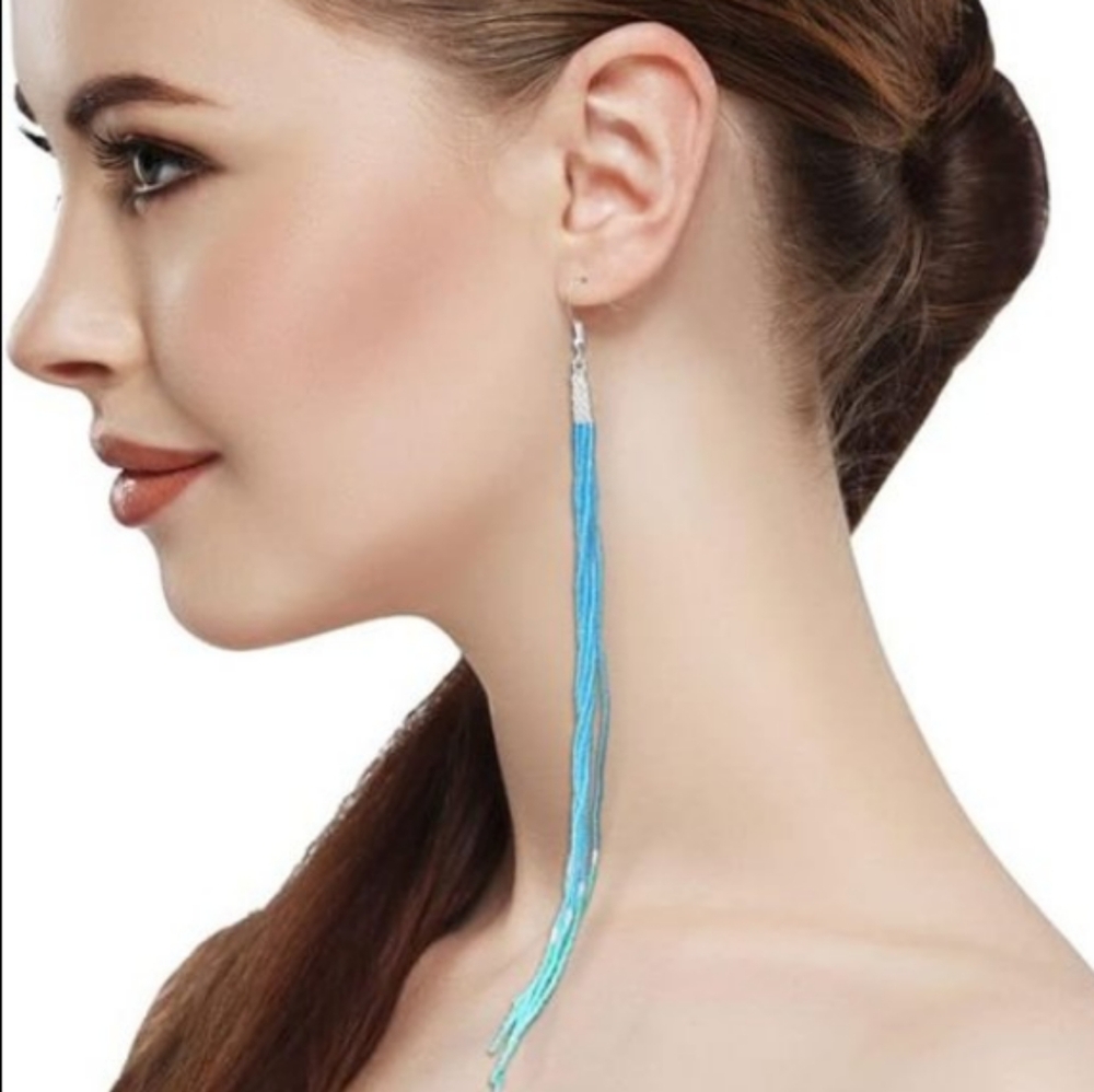 Long 8 Inch Turquoise Blue Pink Beaded Fringe Tassle Earrings Dangle Statement